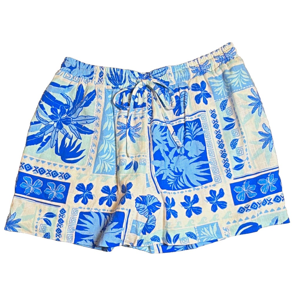 Hudson Gray Women's Size L Blue White Floral Drawstring Shorts Rayon Linen
